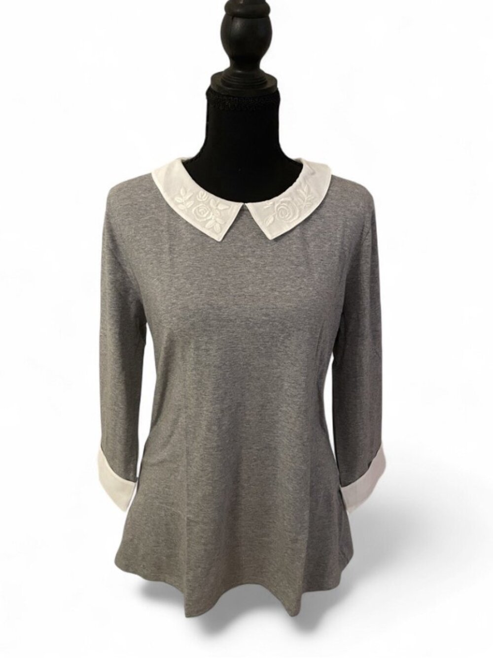NWOT Garnet Hill Peter Pan Collar Shirt White Gray Embroidered Classic Twee, L